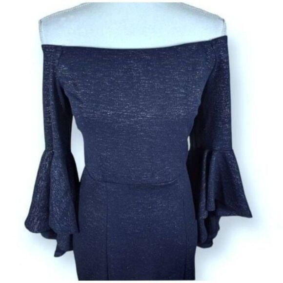 VENUS NAVY & SILVER METALLIC OFF-THE-SHOULDER BELL SLEEVE DRESS SZ.6 EUC. - Picture 4 of 10